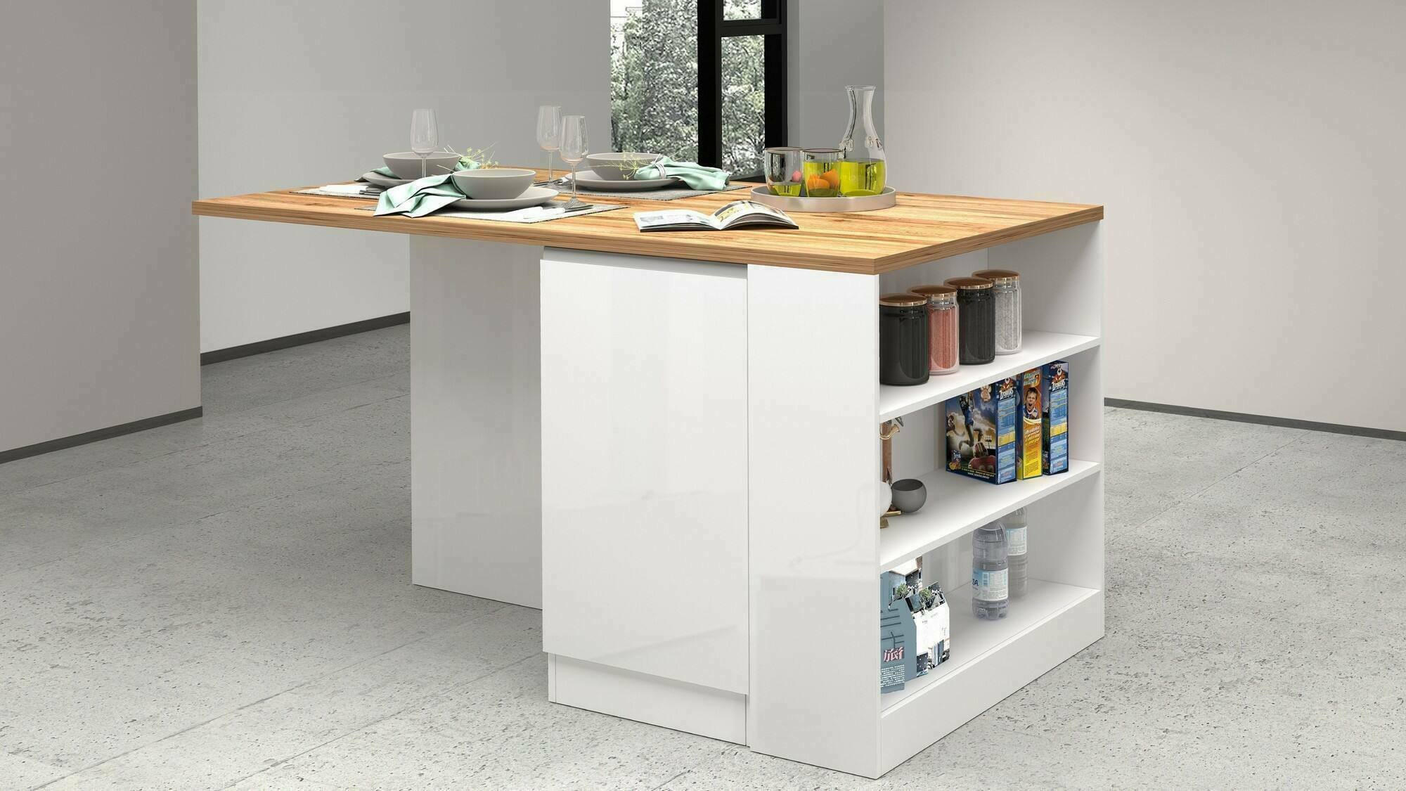 KÜCHENINSEL Glänzendes Weiß, Eiche 90/160/90 cm - Eichefarben/Weiß, Holzwerkstoff (160/90/90cm) - DMORA
