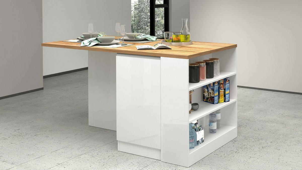 KÜCHENINSEL Glänzendes Weiß, Eiche 90/160/90 cm - Eichefarben/Weiß, Holzwerkstoff (160/90/90cm) - DMORA