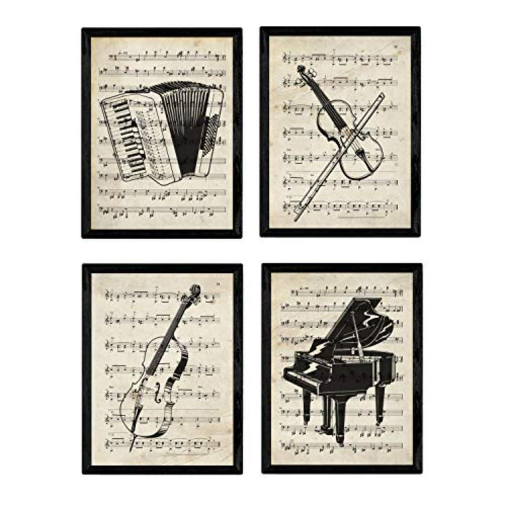 POSTER Set mit 4 Instrumente mit Noten Klavier, Geige, Cello, Akkordeon A4 Schwarzer Rahmen - Schwarz, Papier (29.7/3cm) - Nacnic