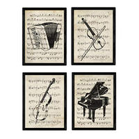 POSTER Set mit 4 Instrumente mit Noten Klavier, Geige, Cello, Akkordeon A4 Schwarzer Rahmen - Schwarz, Papier (29.7/3cm) - Nacnic