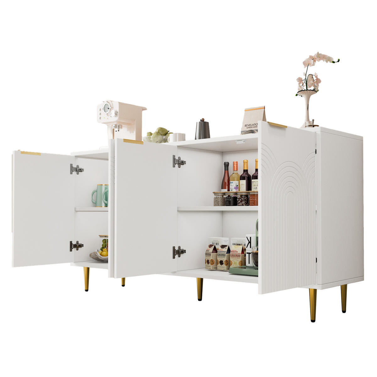 SIDEBOARD 160/40/80 cm mit 4 Türen in Weiß mit goldfarbenen Griffen - Weiß, Holzwerkstoff (160/80/40cm) - BEAOK