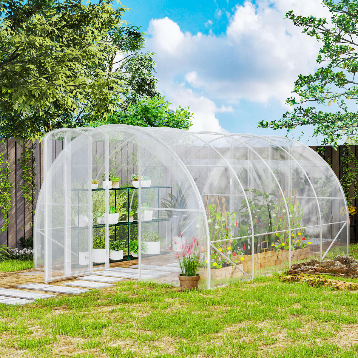 GEWÄCHSHAUS DE-12020 mit 2 Scharniertüren & PE-Bache Grün - Transparent, Kunststoff (295/195/395cm) - ComfortXL