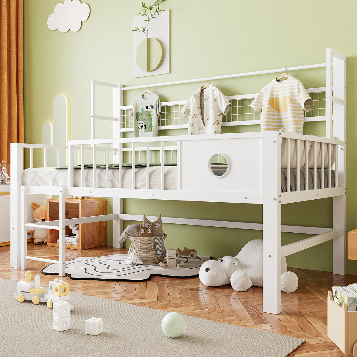 KINDEREINZELBETTEN aus Metall 90x200 cm in Weiß mit Stauraum - Weiß, Metall (90/200cm) - Modfu