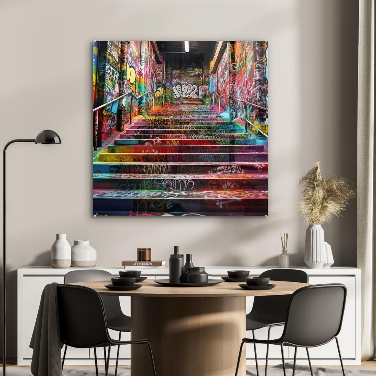 ACRYLGLASBILD Treppe - Graffiti - Farben - Kunst 90x90 cm - Multicolor, Glas (90/90cm) - MuchoWow