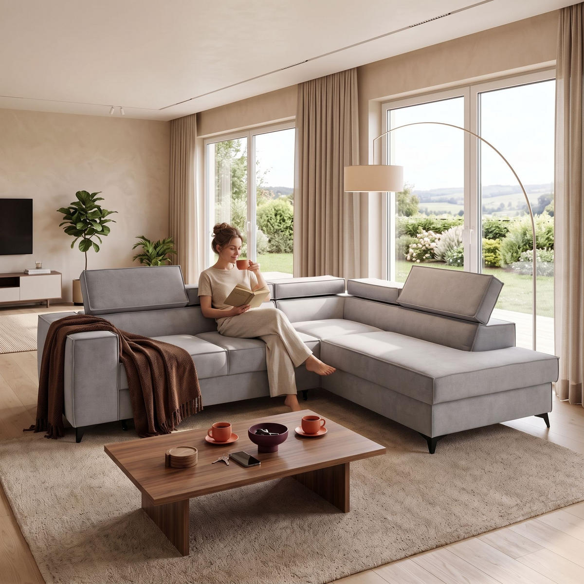 ECKSOFA PURE L Rechts mit Schlaffunktion 127x199 Velours Hellgrau - Hellgrau/Schwarz, Holz/Textil (204/281cm) - Muffo