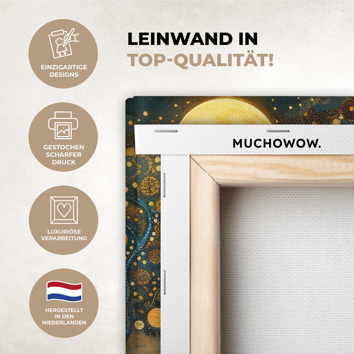 LEINWANDBILD Baum - Mond - Blumen - Gold - Kunst Room Decor 30x40 cm - Orange, Textil (30/40cm) - MuchoWow