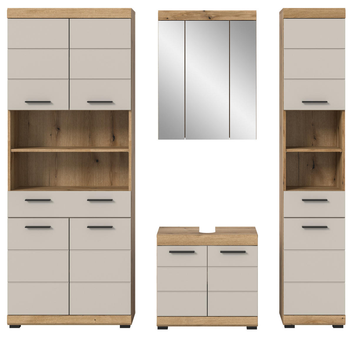 BADMÖBEL Set 4-teilig in Sand Kashmir und Evoke Eiche Badkombination 200 x 191 cm Shawn - Kaschmir/Eichefarben, Glas/Holzwerkstoff (201/191/34cm) - Inn.Furn