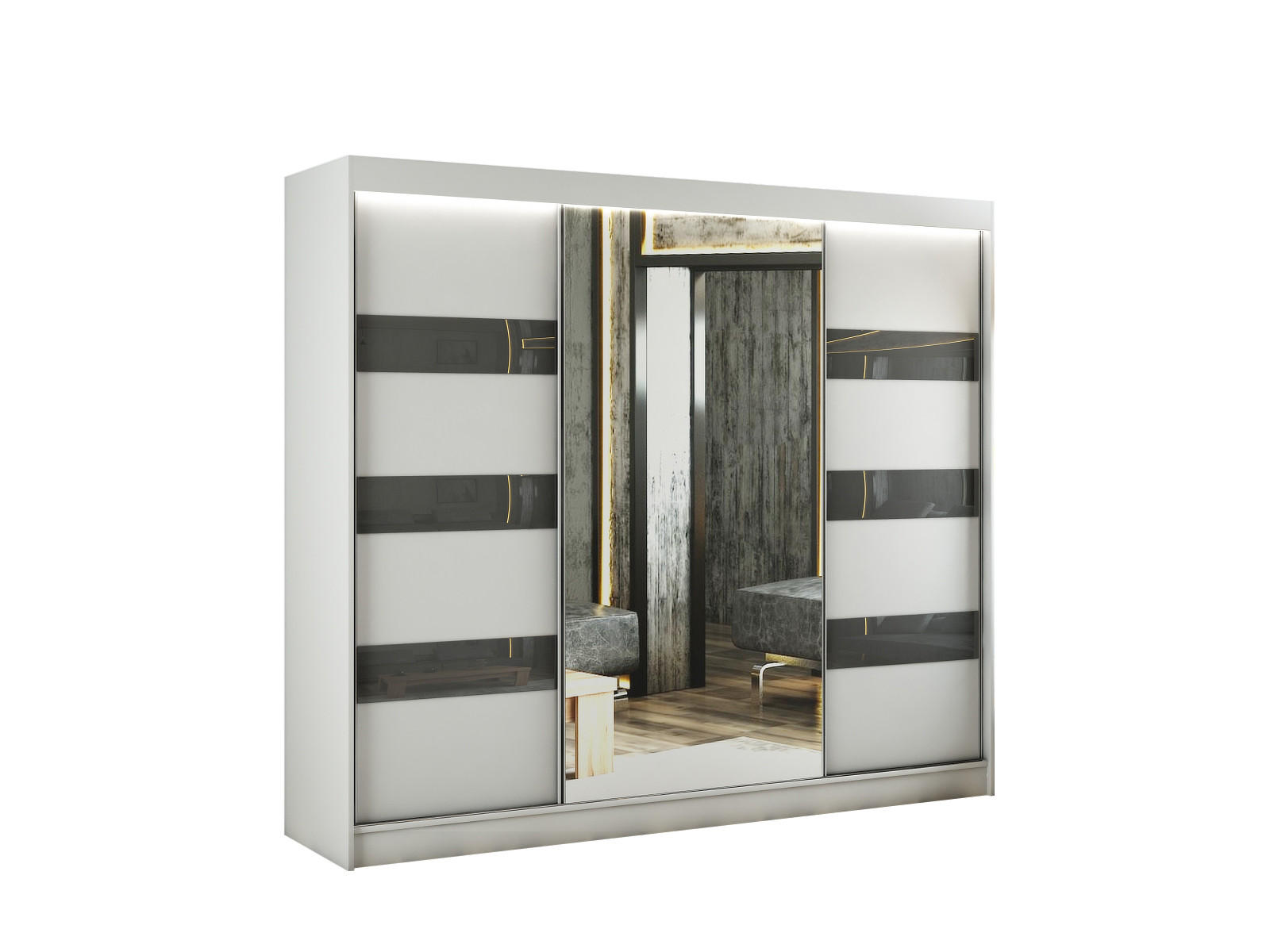 KLEIDERSCHRANK mit Spiegel und Schiebetüren LOSTE - 250 cm Weiß|Grau - Weiß/Grau, Holzwerkstoff (250/215/61cm) - ALTDECOR