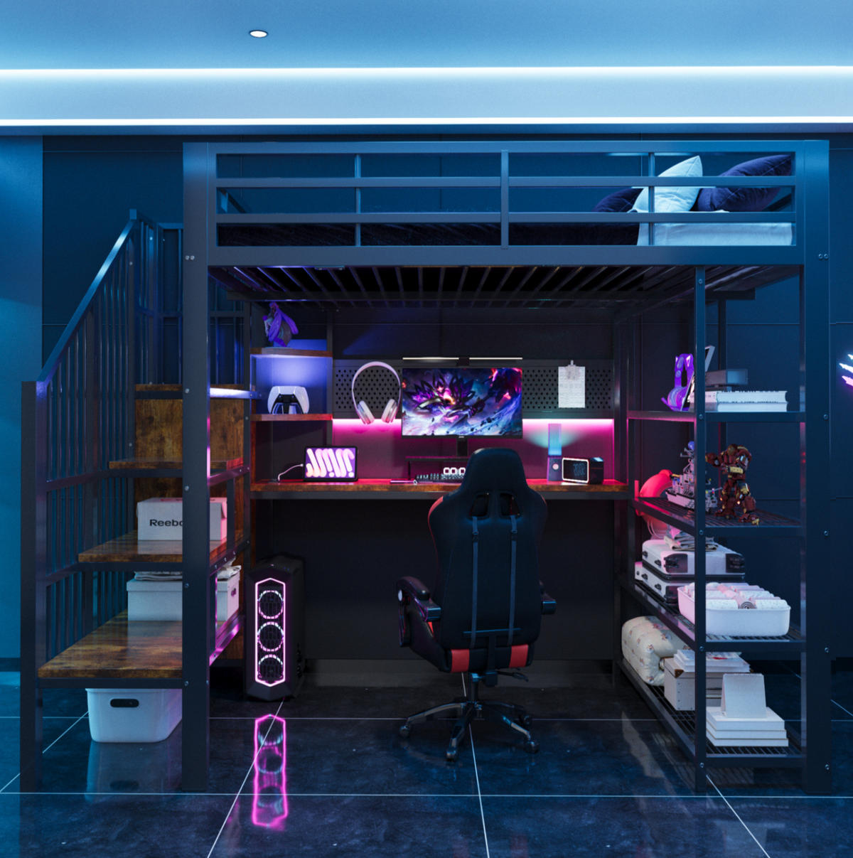 HOCHBETT 140/200 cm aus Metall und Holzwerkstoffen mit Treppe, Schreibtisch, Regal und LED Schwarz - Schwarz, Metall (140/200cm) - Modenvie