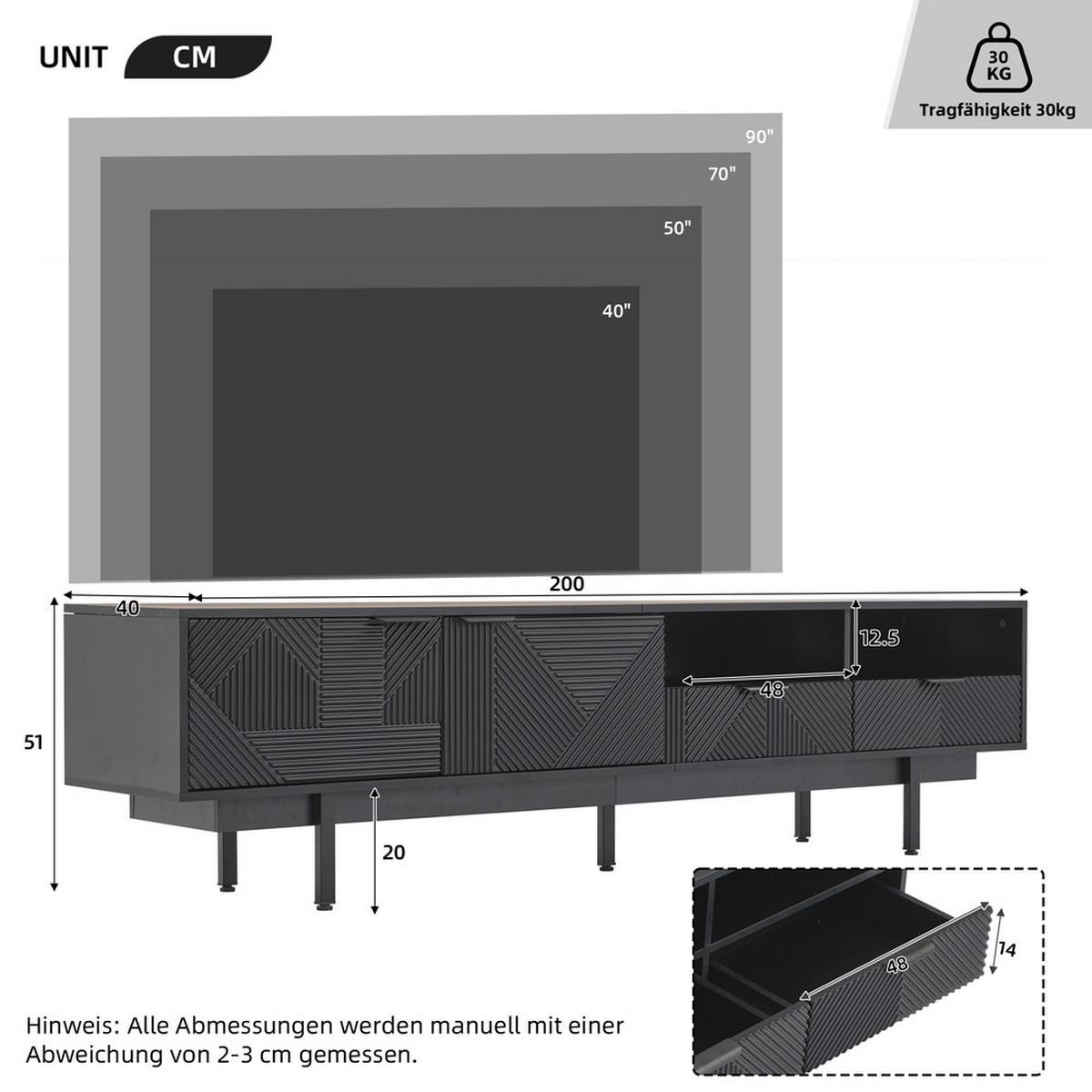TV-SCHRANK 200x40cm Modern abstrakte Linien Stauraum Schwarz bis 90 Zoll - Schwarz, Holz (52.07/12.19/115.06cm) - FLIEKS