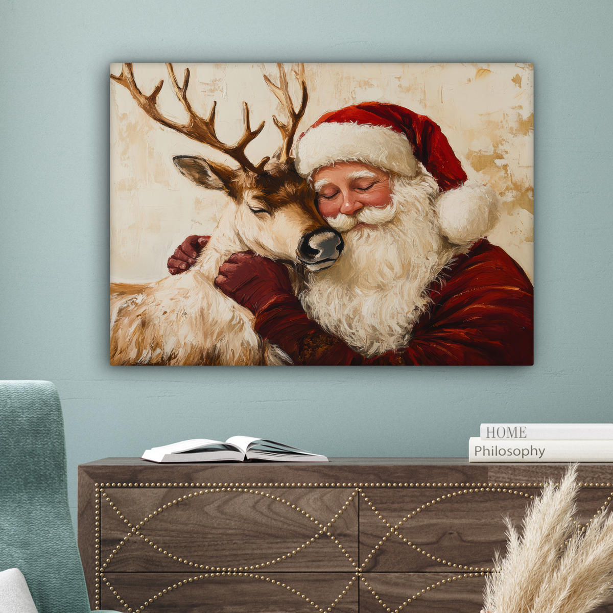 LEINWANDBILD Weihnachtsmann - Rentier - Weihnachten Wandbilder 80x60 cm - Rotbraun, Textil (80/60cm) - MuchoWow