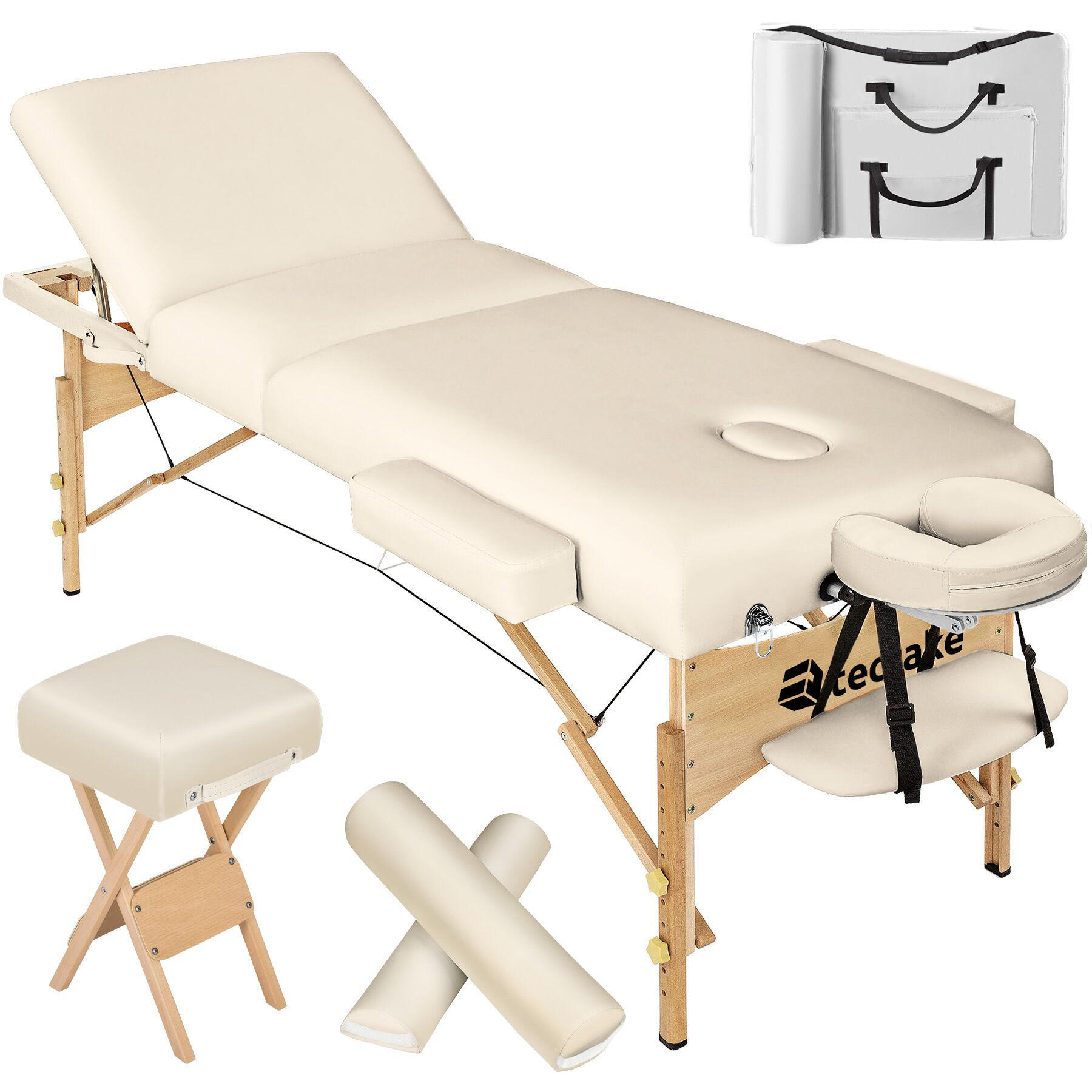 MASSAGELIEGE-SET 3 Zonen, 218 x 102 x 90 cm,beige - Beige, Holz (102/90/218cm) - tectake