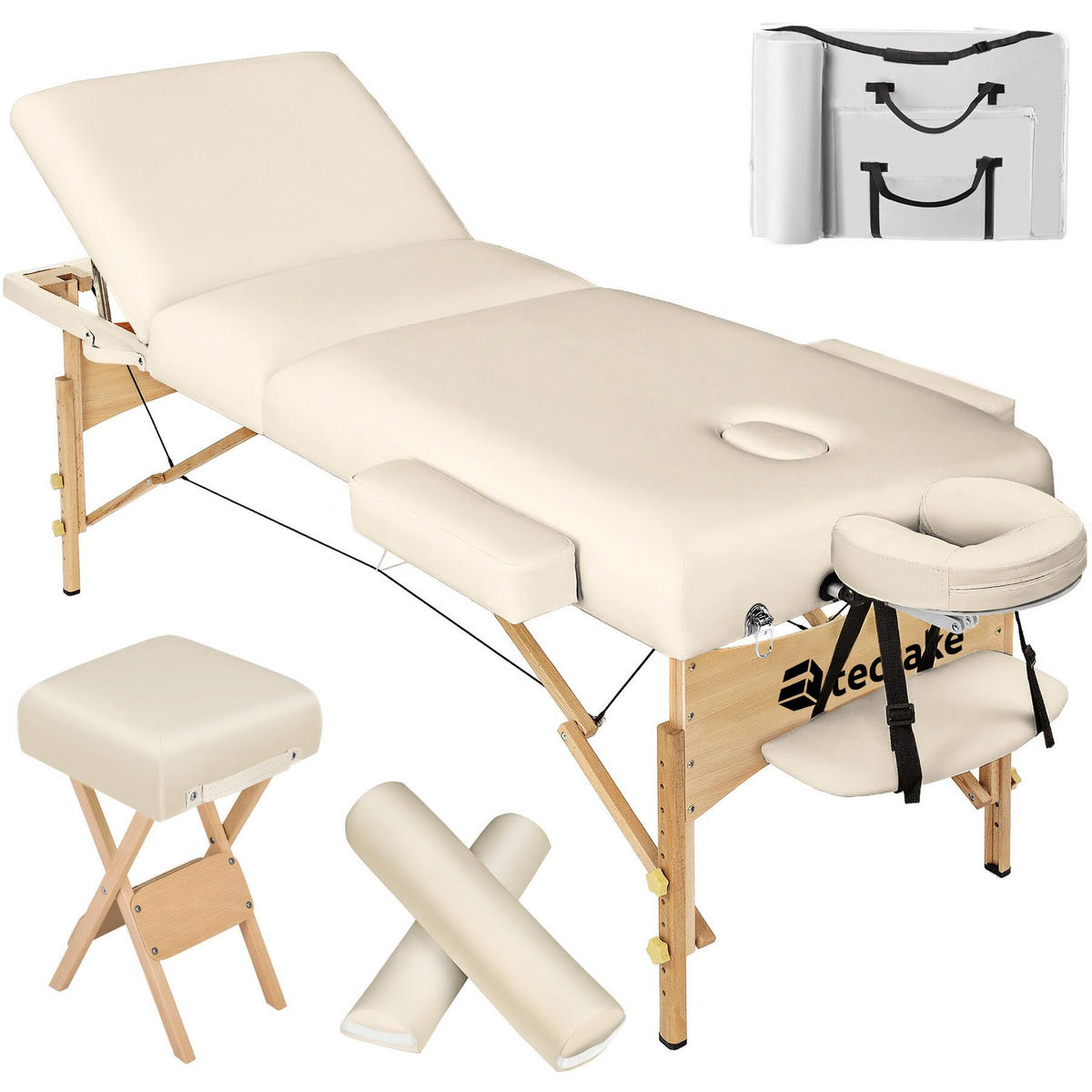 MASSAGELIEGE-SET 3 Zonen, 218 x 102 x 90 cm,beige - Beige, Holz (102/90/218cm) - tectake