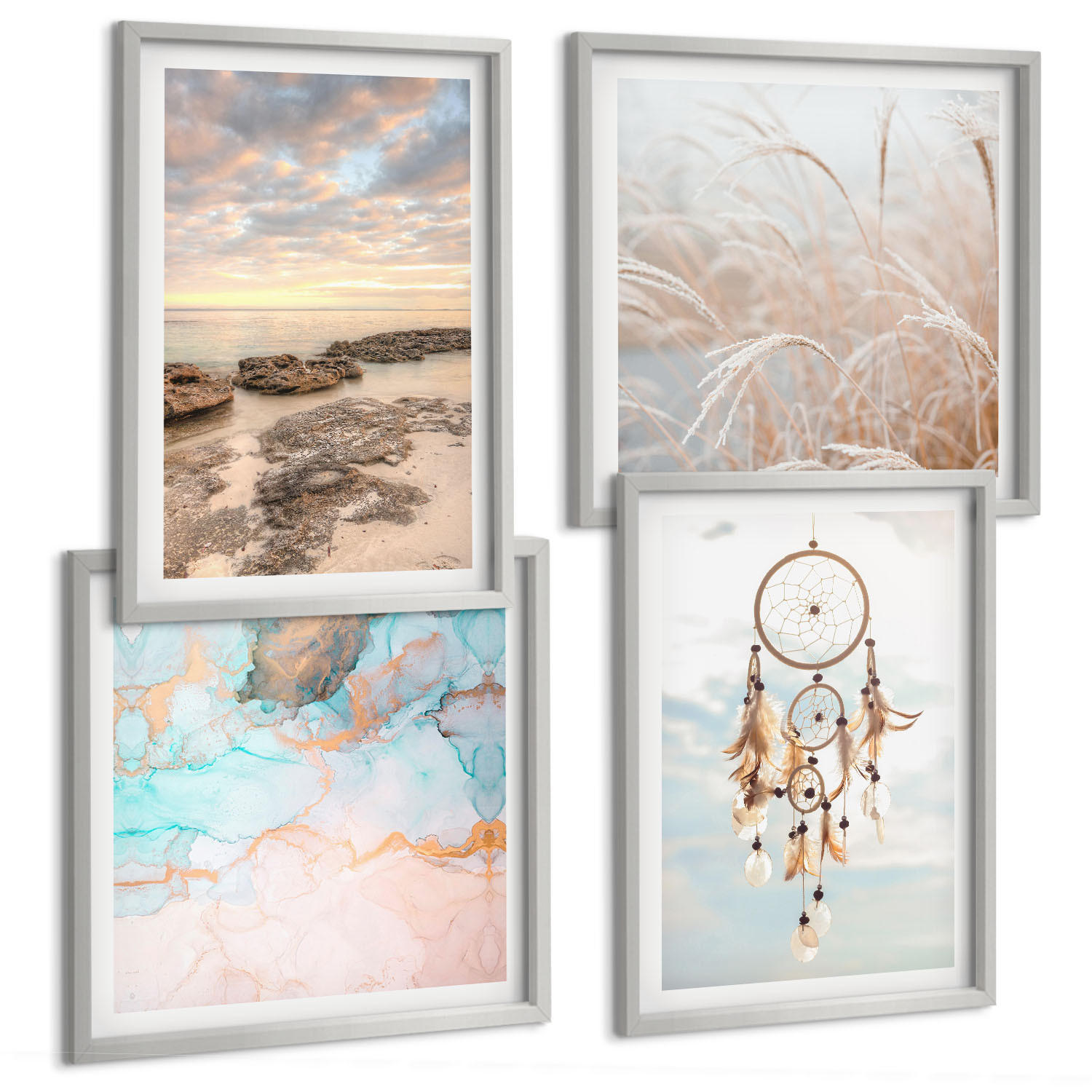 BILDER SET 4er Set - 50x50 cm & 40x60 cm Silberner Rahmen - Wolkenmeer, Traumfänger, Gras - Silberfarben, Kunststoff (50/50cm) - TULUP