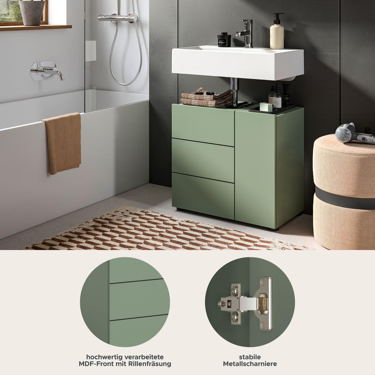 WASCHBECKENUNTERSCHRANK VIRA (B/H/T: ca. 60/57/34 cm) in Smoke Green/Smoke Green - Grün, Holz (60/57/34cm)