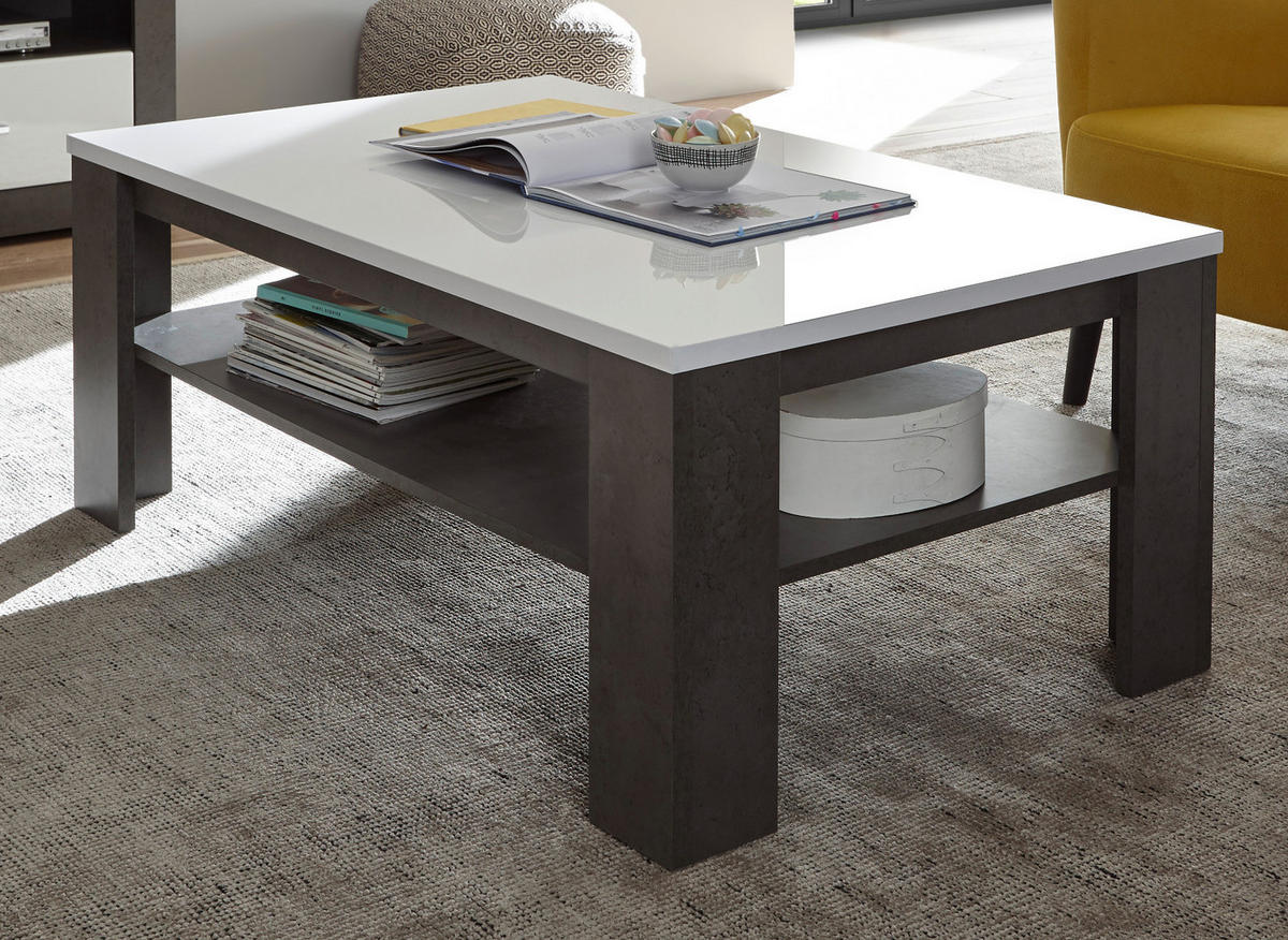 COUCHTISCH weiß Hochglanz, grau Stone 118 x 72 cm, Beistelltisch mit Ablage - Weiß Hochglanz/Grau, Holzwerkstoff (118/73/46cm) - Furn.Design