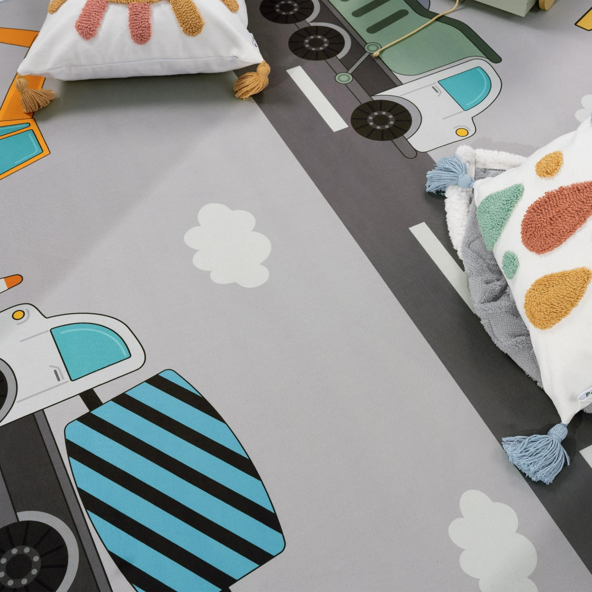 KINDERTEPPICH waschmaschinenwaschbar Baustellenfahrzeuge‑Muster Kinderzimmer schmutzabweisend Grau Rechteckig 80x150 - Grau, Textil (80/150cm) - KADIMA DESIGN