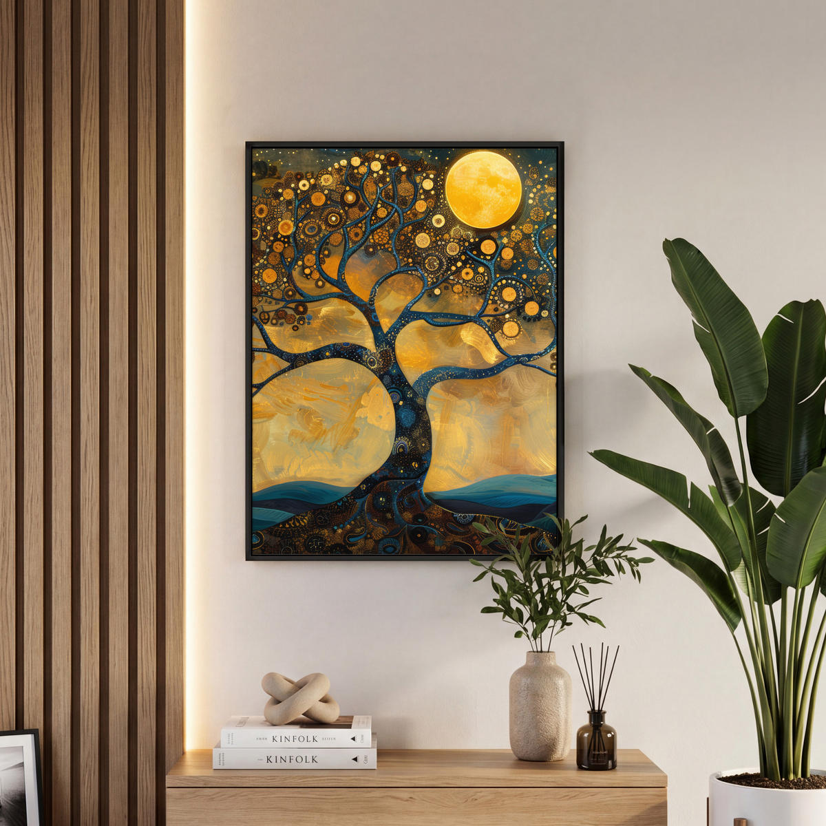LEINWAND Bilder mit Rahmen - Baum - Mond - Blumen - Gold - Kunst - 60x80 - Orange, Textil (60/80cm) - MuchoWow