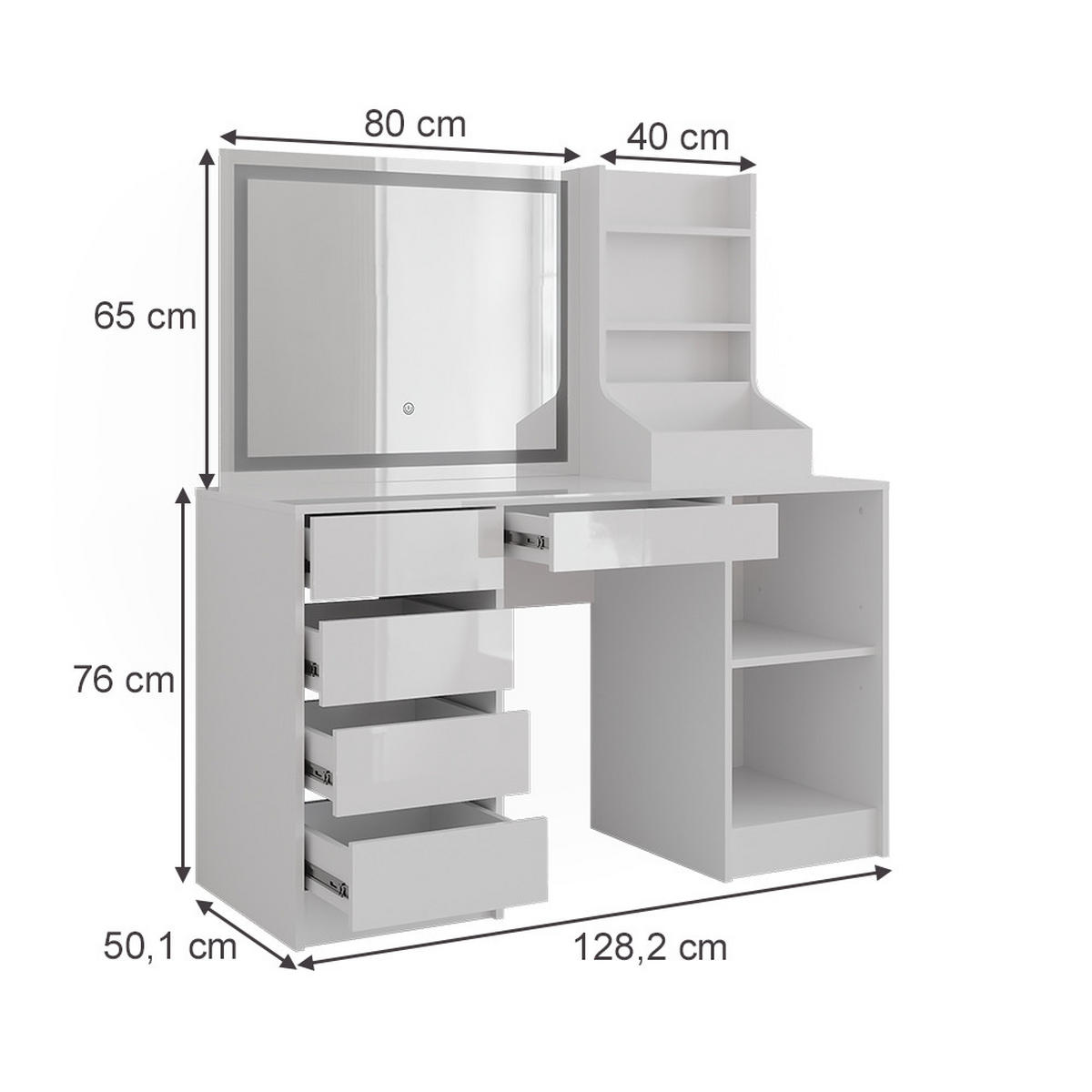 SCHMINKTISCH Sherry Weiß/Weiß Hochglanz 128.2 cm 3 Teile - Weiß Hochglanz, Holzwerkstoff (128.2/76/50.1cm) - Vicco