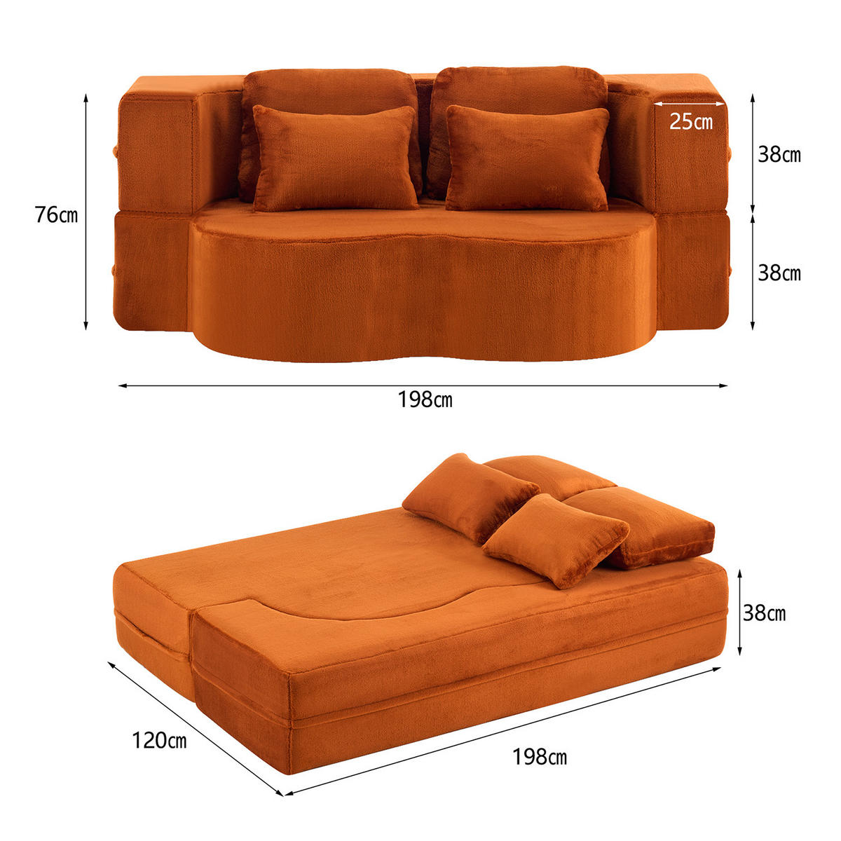 2-SITZER SCHLAFSOFA Flanell Orange mit 4 Kissen - Orange, Textil (198/76/120cm) - WISHDOR