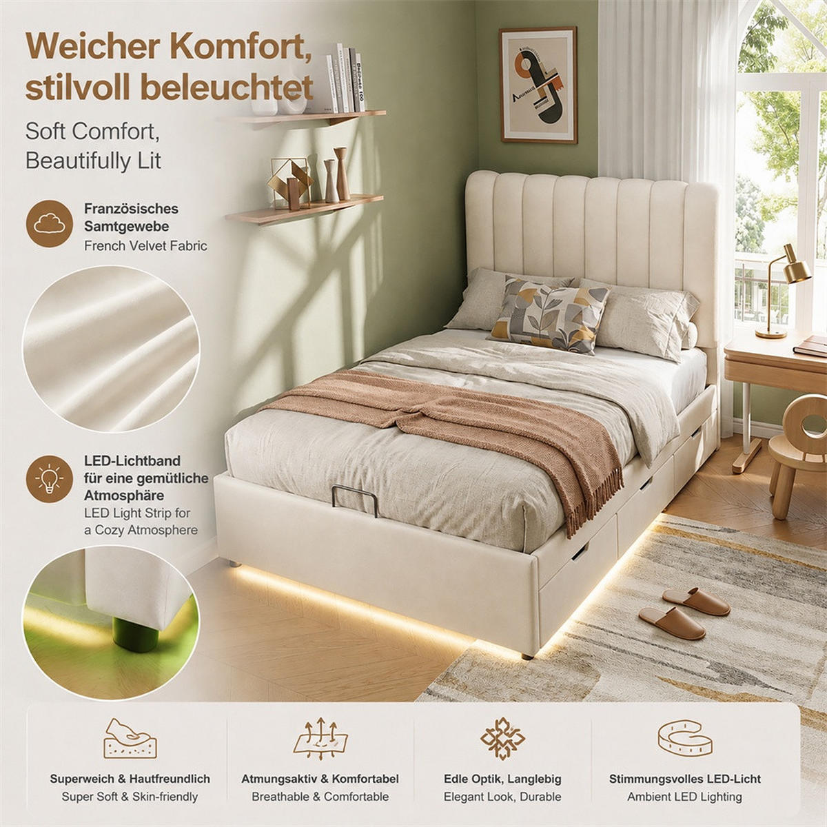 POLSTERBETT 90x200 cm mit hydraulischem Stauraum - 3 Schubladen & LED-Beleuchtung - Beige - ohne Matratze - Beige, Textil (90/200cm) - DELFA