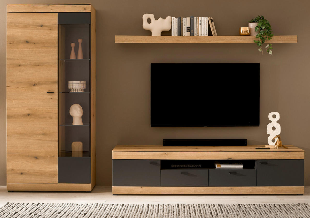 WOHNWAND Eiche, grau 300 x 201 cm, Wohnzimmer Set mit Soft-Close - Kaschmir/Eichefarben, Glas/Holzwerkstoff (300/201/45cm) - Furn.Design