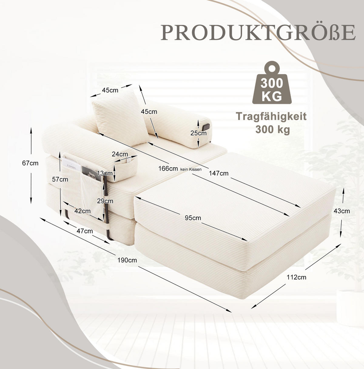 SOFA mit Hocker modular 112 x 190 cm Cord Beige - Beige, Kunststoff (190/67/112cm) - Meubliv