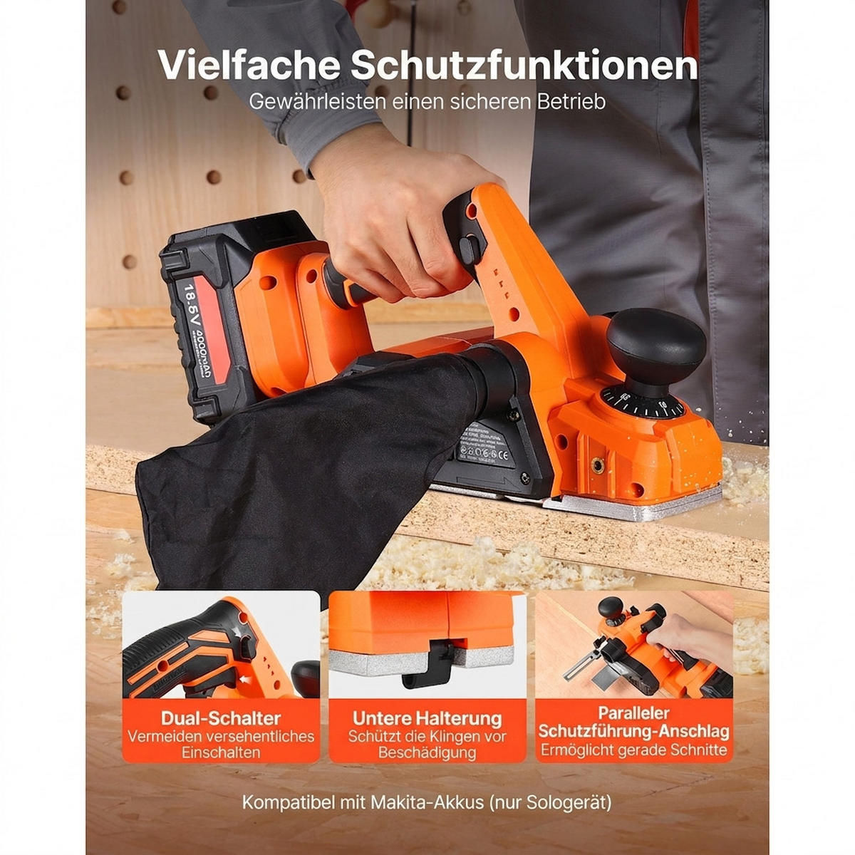 HOBEL Akku-Hobel 82mm 15000U/min Bürstenloser-Motor 18V-Kompatibel Einstellbar - Orange, Metall (10/10/10cm) - Raelunyi