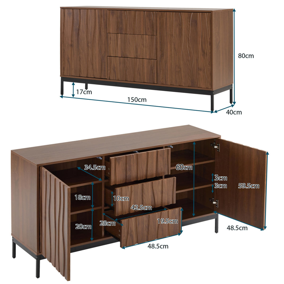 SIDEBOARD 150/40/80 cm in Dunkelbraun mit 3 Schubladen & verstellbaren Böden - Naturfarben, Holzwerkstoff (150/80/40cm) - BEAOK