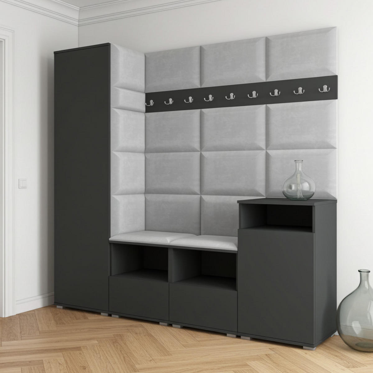 GARDEROBE NELA X 200 cm (Modulare Flurmöbel Graphit mit Sitzpolster Hellgrau 32 Schrank + Sideboard) - Silberfarben/Hellgrau, Holz/Holzwerkstoff (200/187/40cm) - Ravio