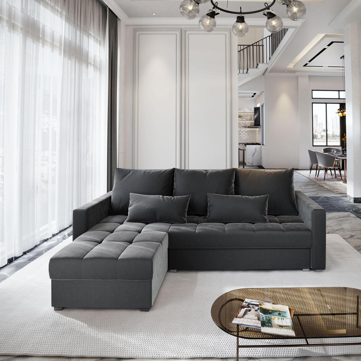 ECKSOFA KOS PIK Grau Plüsch-Stoff mit Schlaffunktion - Grau, Holz (220/140cm) - MASSENO