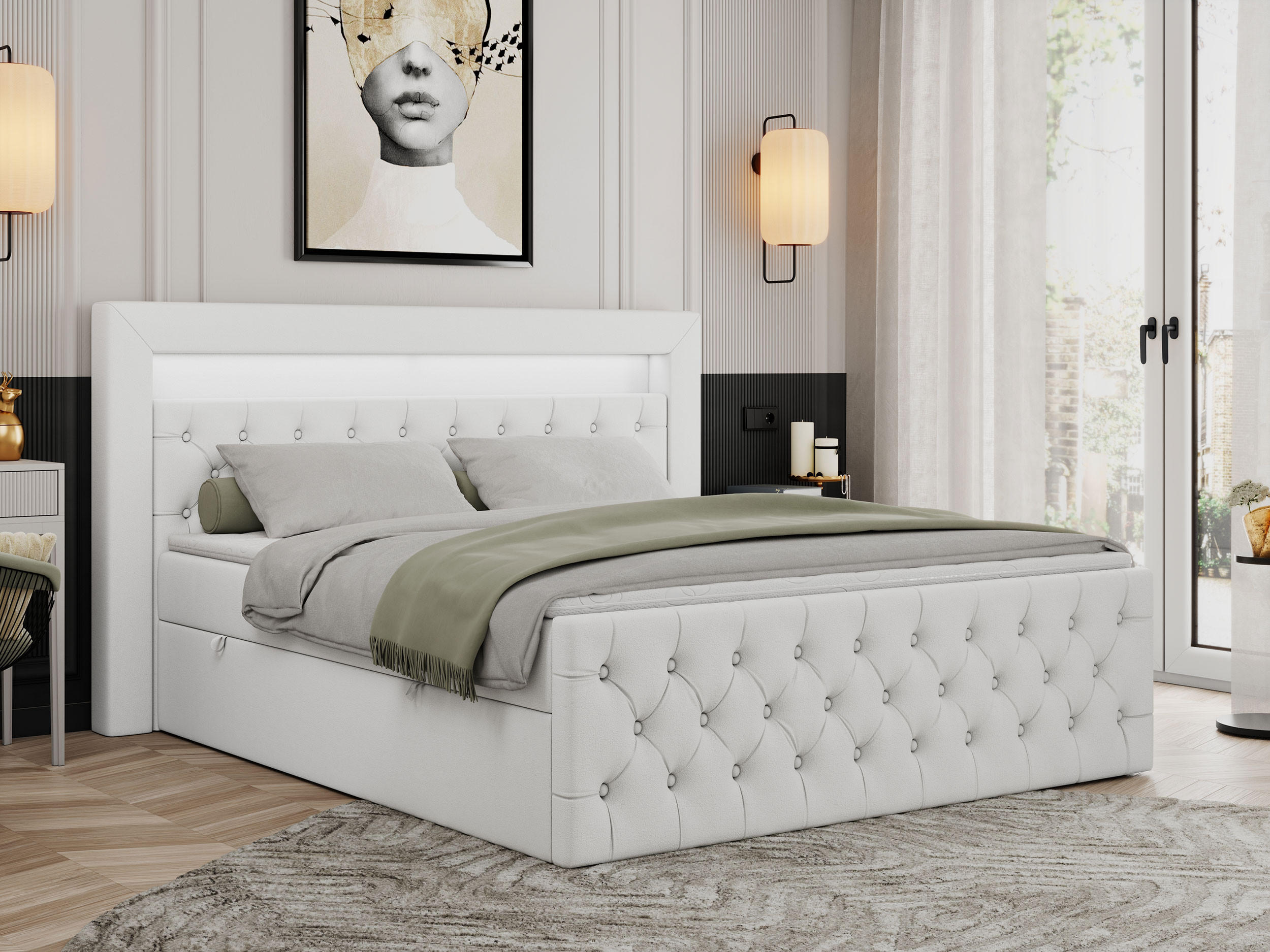 BOXBETT GOLD-9 LED 120/200 Weiß Kunstleder - H3 - Weiß, Holz/Textil (120/200cm) - MKS