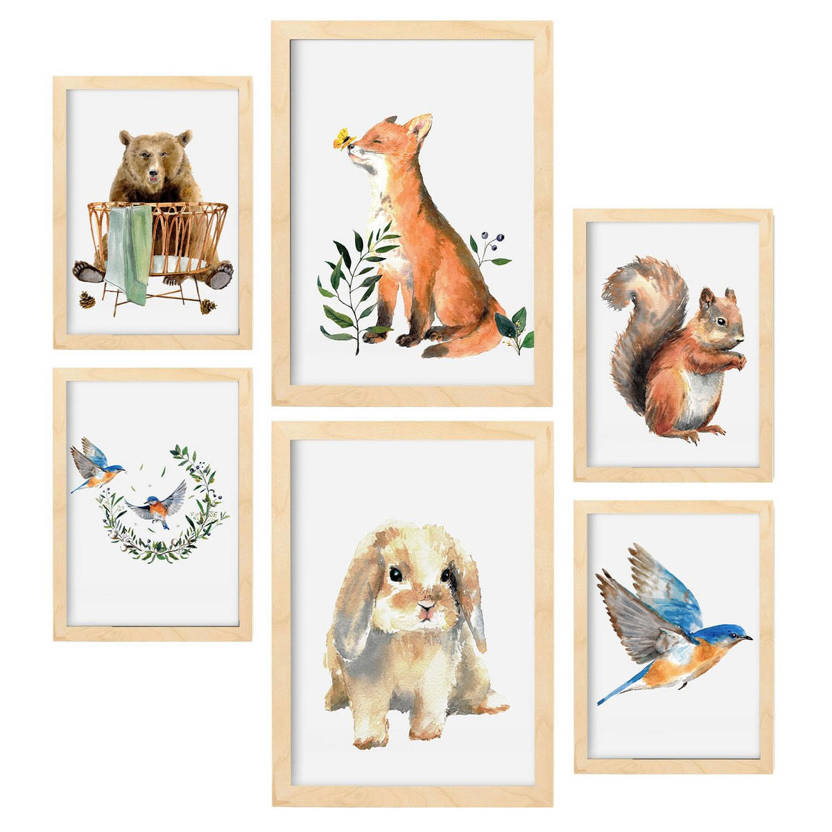 POSTER Set Mit 6 Aquarelltiere A3 & A4 Rahmen Aus Hellem Holz - Beige, Papier (29/3cm) - Nacnic