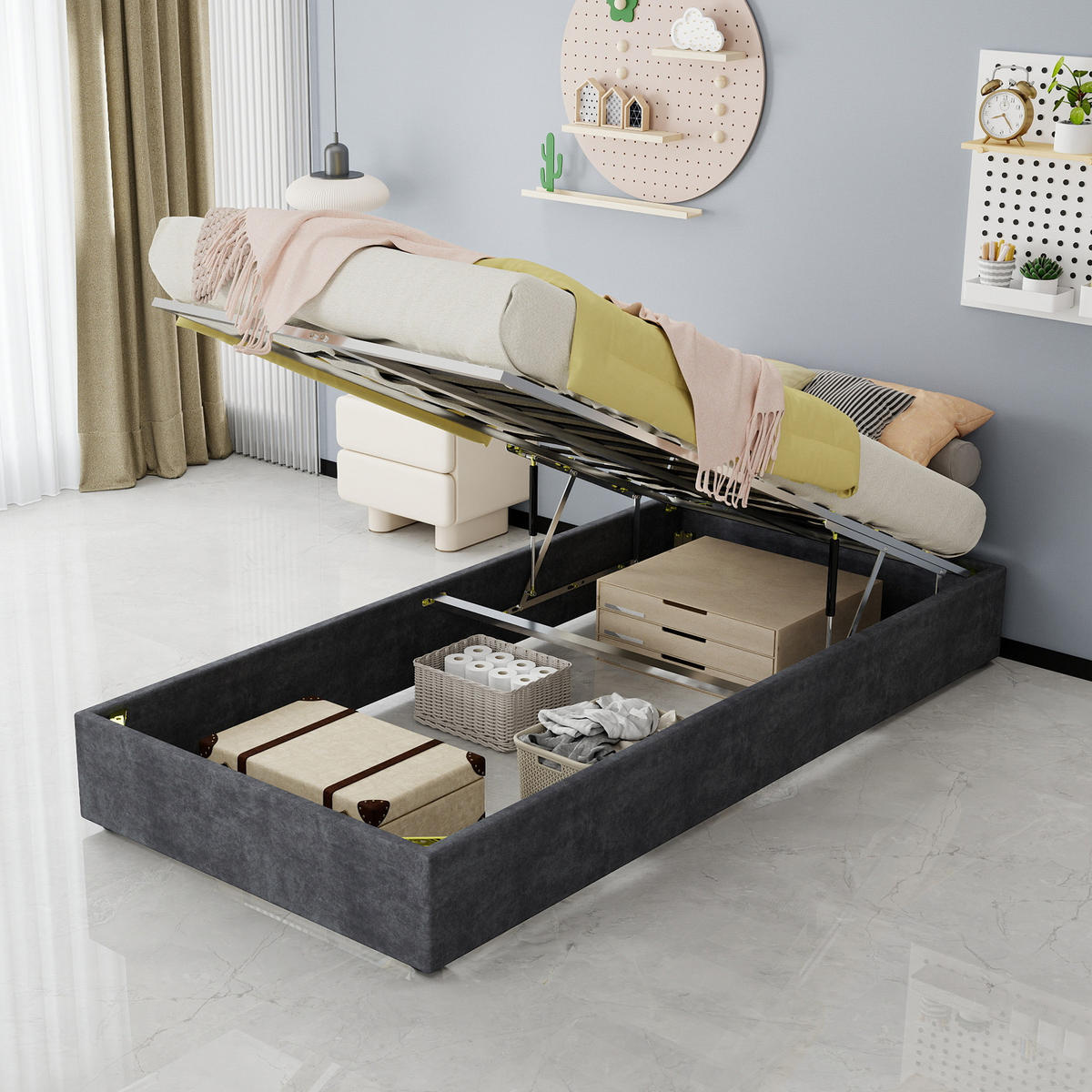 STAURAUMBETT 90/200 cm DE-35405 mit Gaslift Grau - Grau, Metall (90/200cm) - ComfortXL