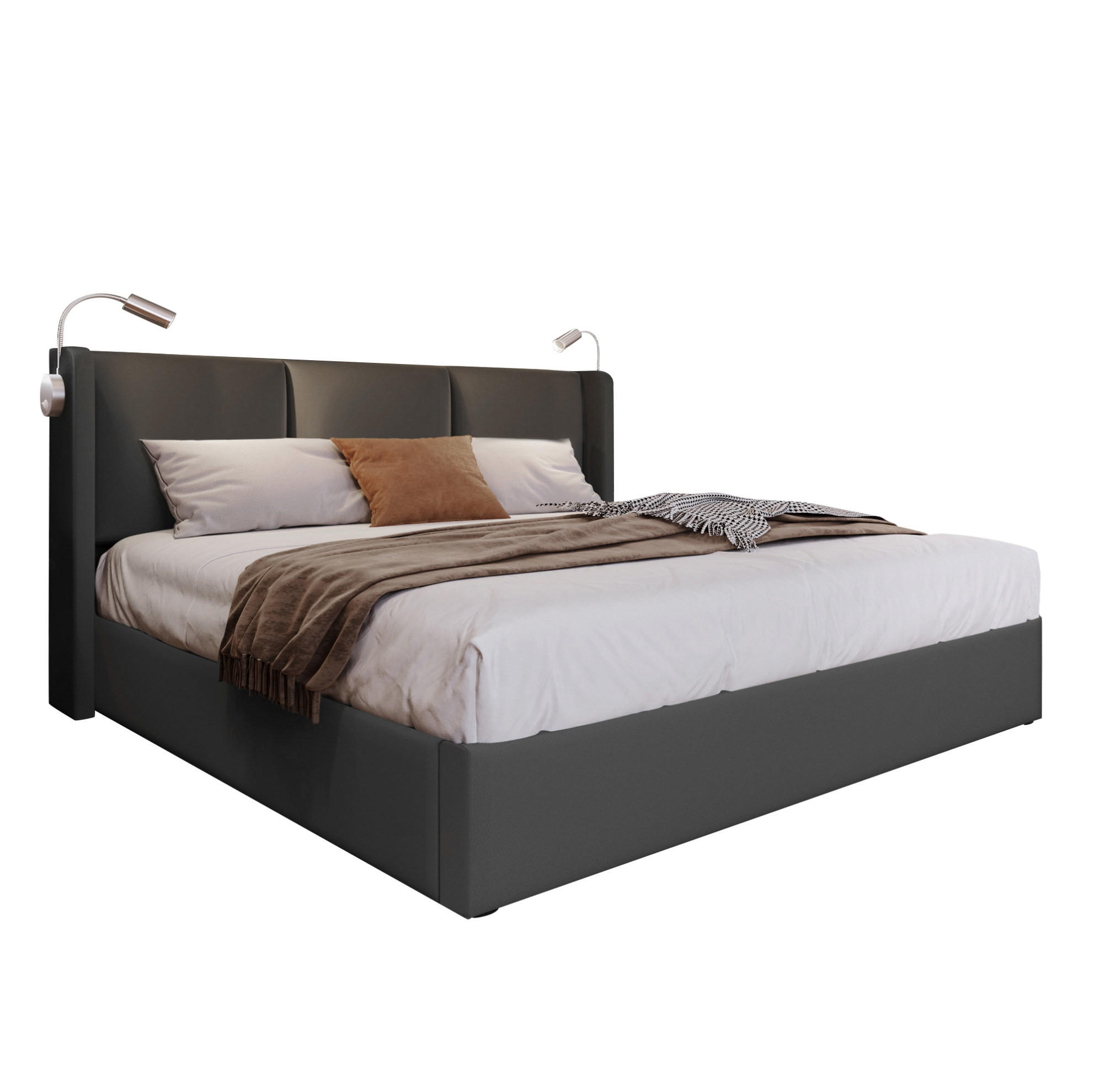 POLSTERBETT mit Bettkasten 140/200 cm, mit Leselicht & USB-Ladefunktion - Grau, Kunststoff (140/200cm) - BEAOK