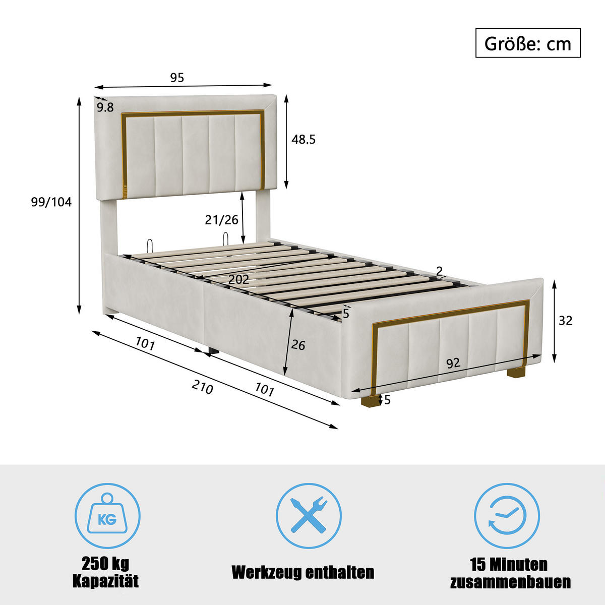 POLSTERBETT 90x200 cm Beige mit Bettkasten, Samtbezug & goldenen Akzenten - Beige, Holz (90/200cm)