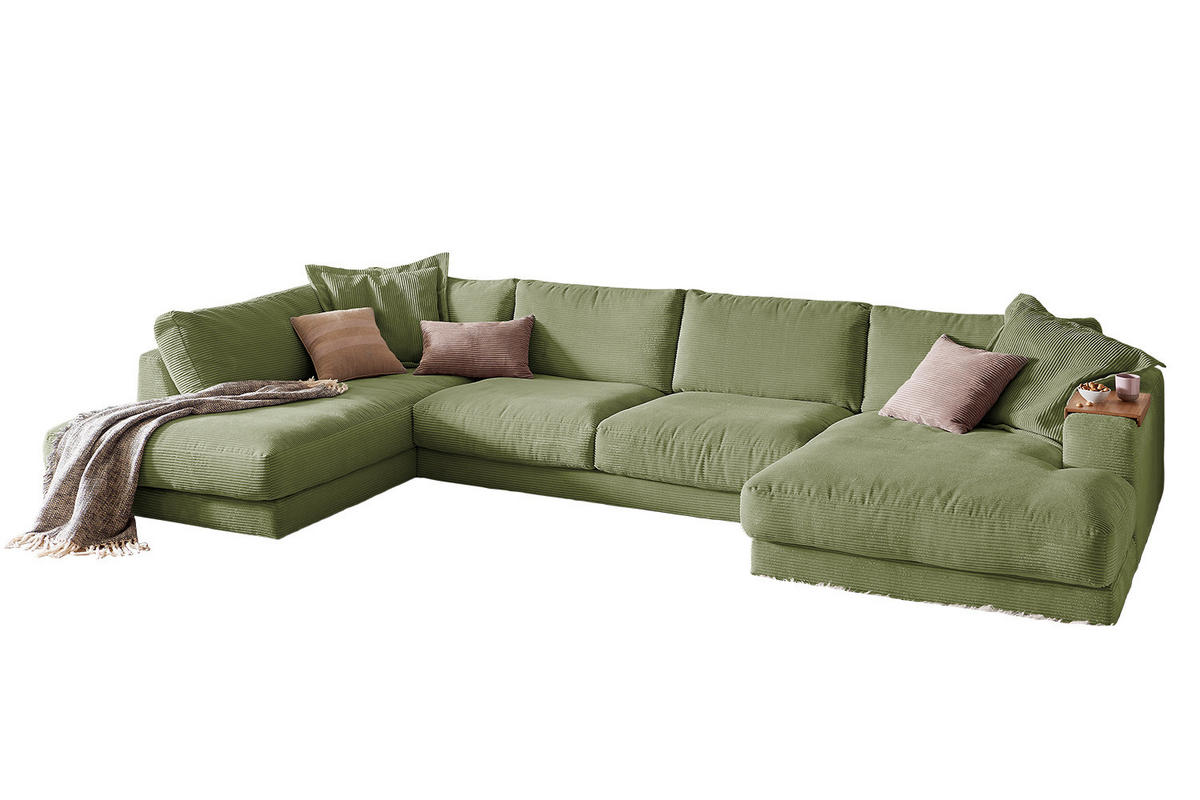 WOHNLANDSCHAFT MADELINE Dunkelgrün Cord - Dunkelgrün/Schwarz, Kunststoff/Textil (425/86/224cm) - KAWOLA