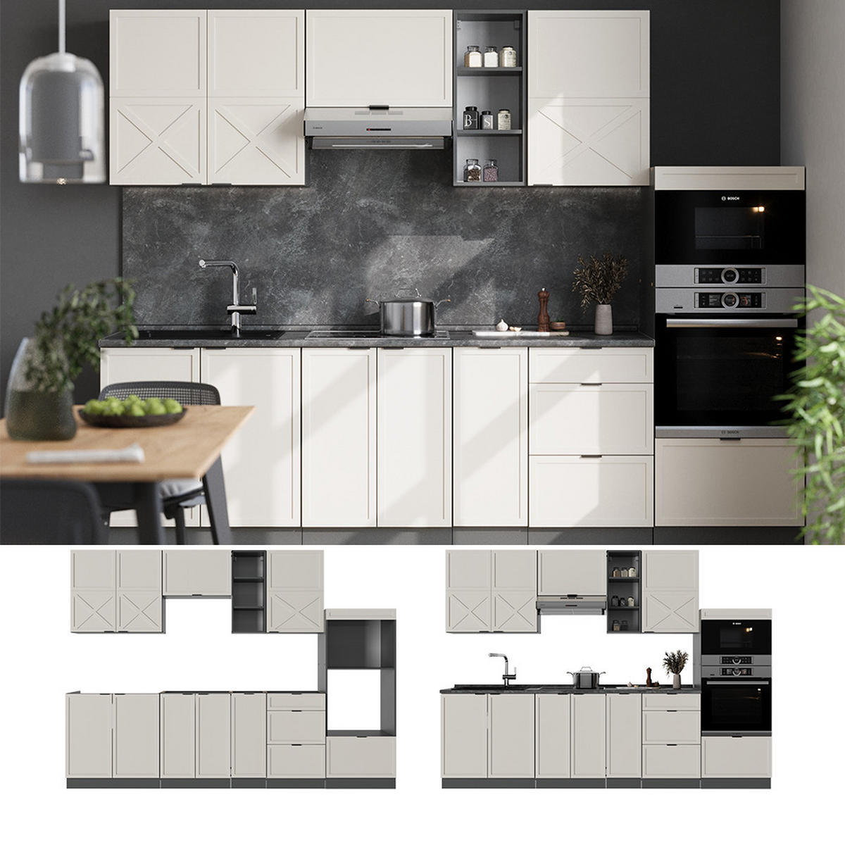 KÜCHENZEILE Fame-Line GrauBeige/Anthrazit 280 cm, AP Anthrazit - Anthrazit/Grau, Holzwerkstoff (280/81.6/60cm) - Vicco