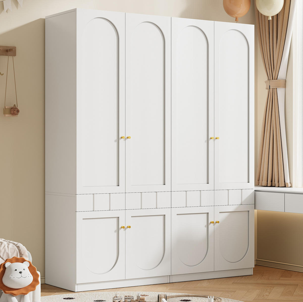 KLEIDERSCHRANK-SET aus MDF 160x50x200 cm Weiß mit Doppeltüren, Schubladen und Kleiderstange - Weiß, Holzwerkstoff (160/200/50cm) - Modfu
