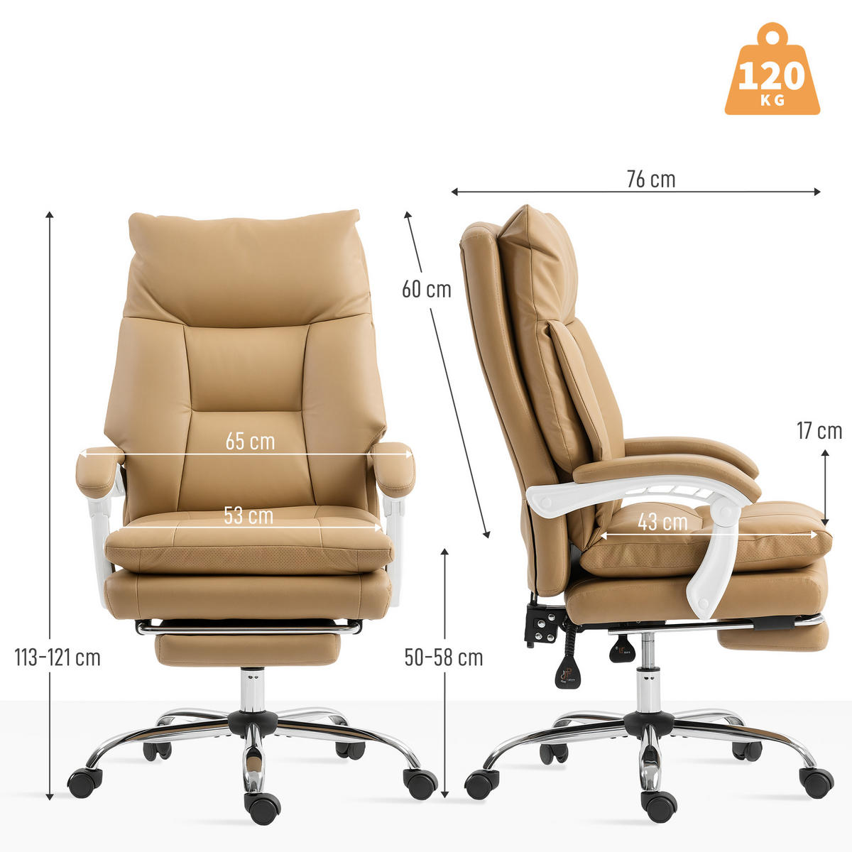 BÜROSTUHL Ergonomischer Schreibtischstuhl mit Lendenwirbelstütze, Fußstütze - Hellbraun/Silberfarben, Kunststoff/Metall (65/121/76cm) - HOMCOM