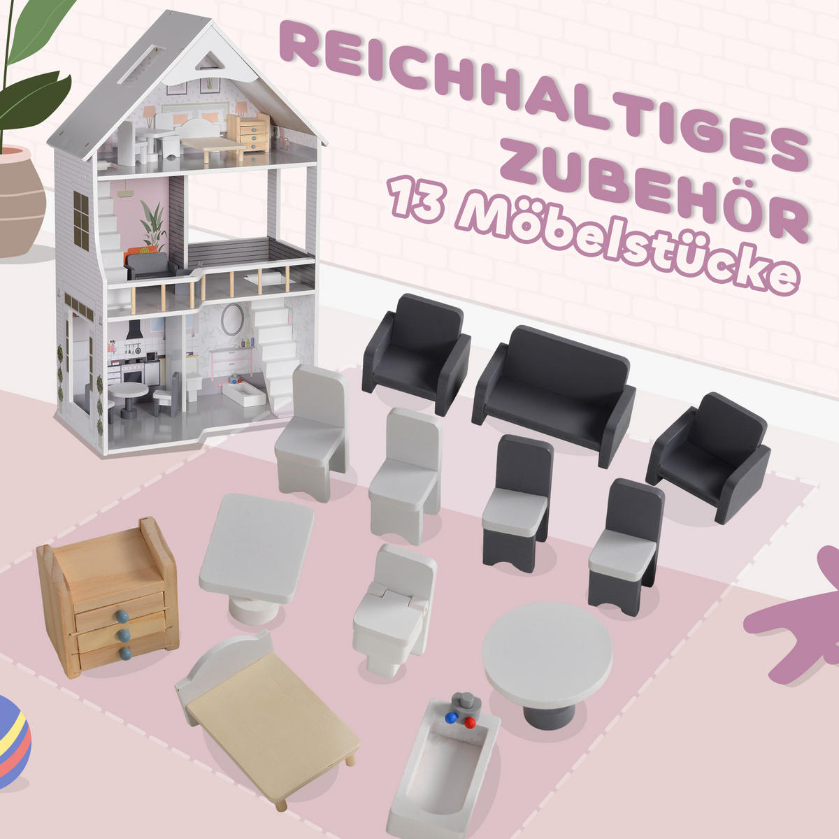 PUPPENHAUS - Grau, Holzwerkstoff (29.1/85.3/53.5cm) - AIYAPLAY