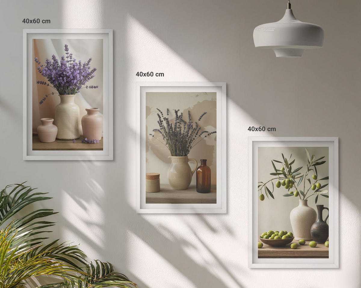 WANDBILDER 3er-Set - 40x60 cm Weißer Rahmen - Lavendelblüten, Oliven, Gefäße - Weiß, Kunststoff (40/60cm) - ArtPrintCave