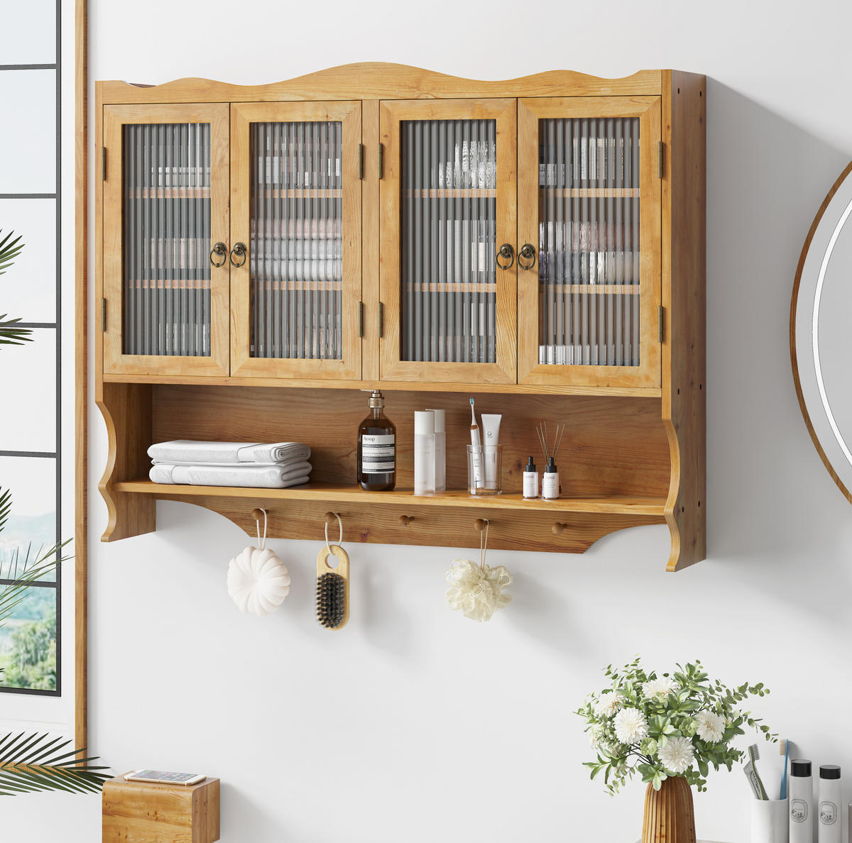KÜCHENOBERSCHRANK 100/20/80 cm aus Massivholz und Glas mit 4 Türen und Hakenleiste Natur - Naturfarben, Holz (100/80/20cm) - Modenvie