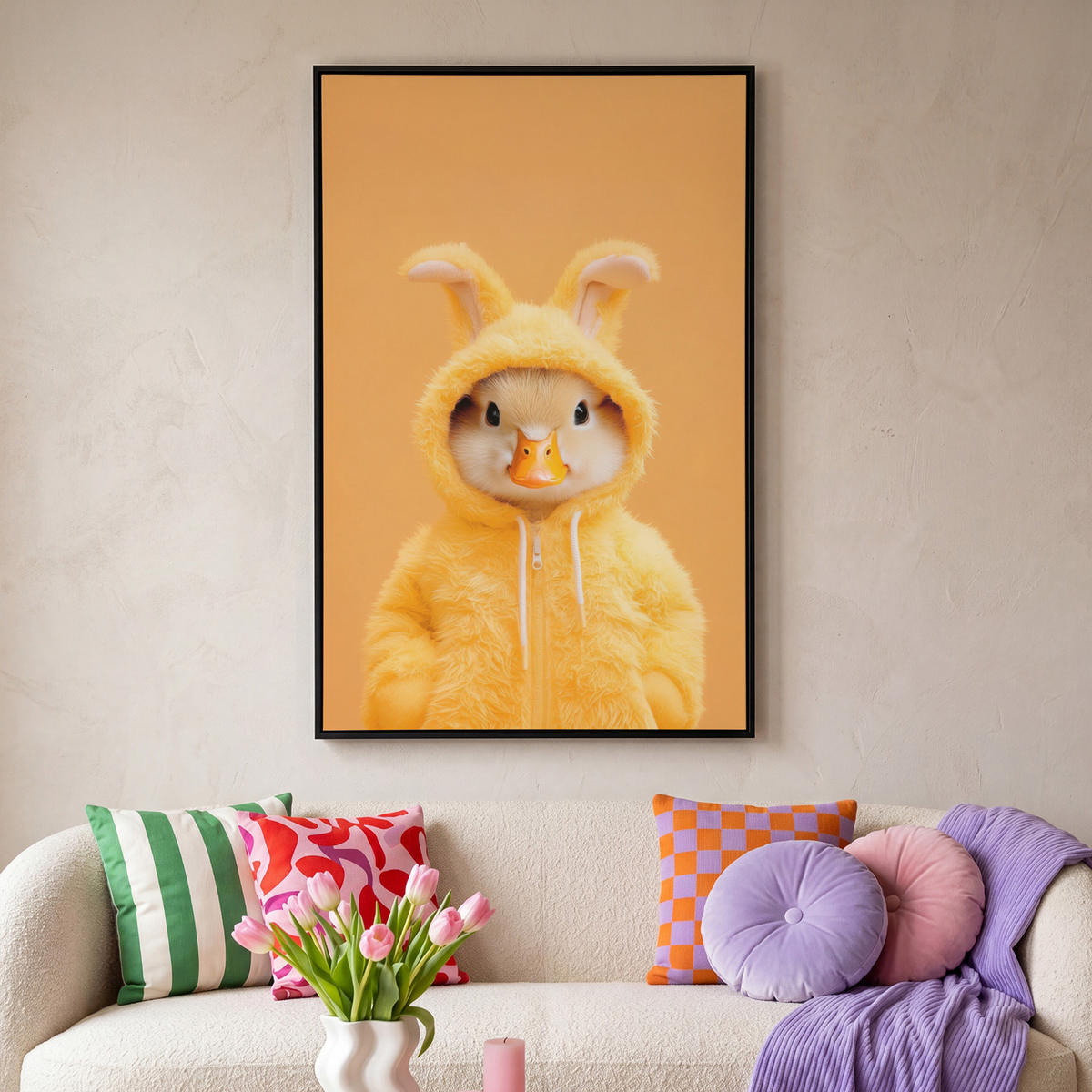 LEINWAND Bilder mit Rahmen - Osterhase - Kostüm - Ente - 100x150 - Gelb, Textil (100/150cm) - MuchoWow