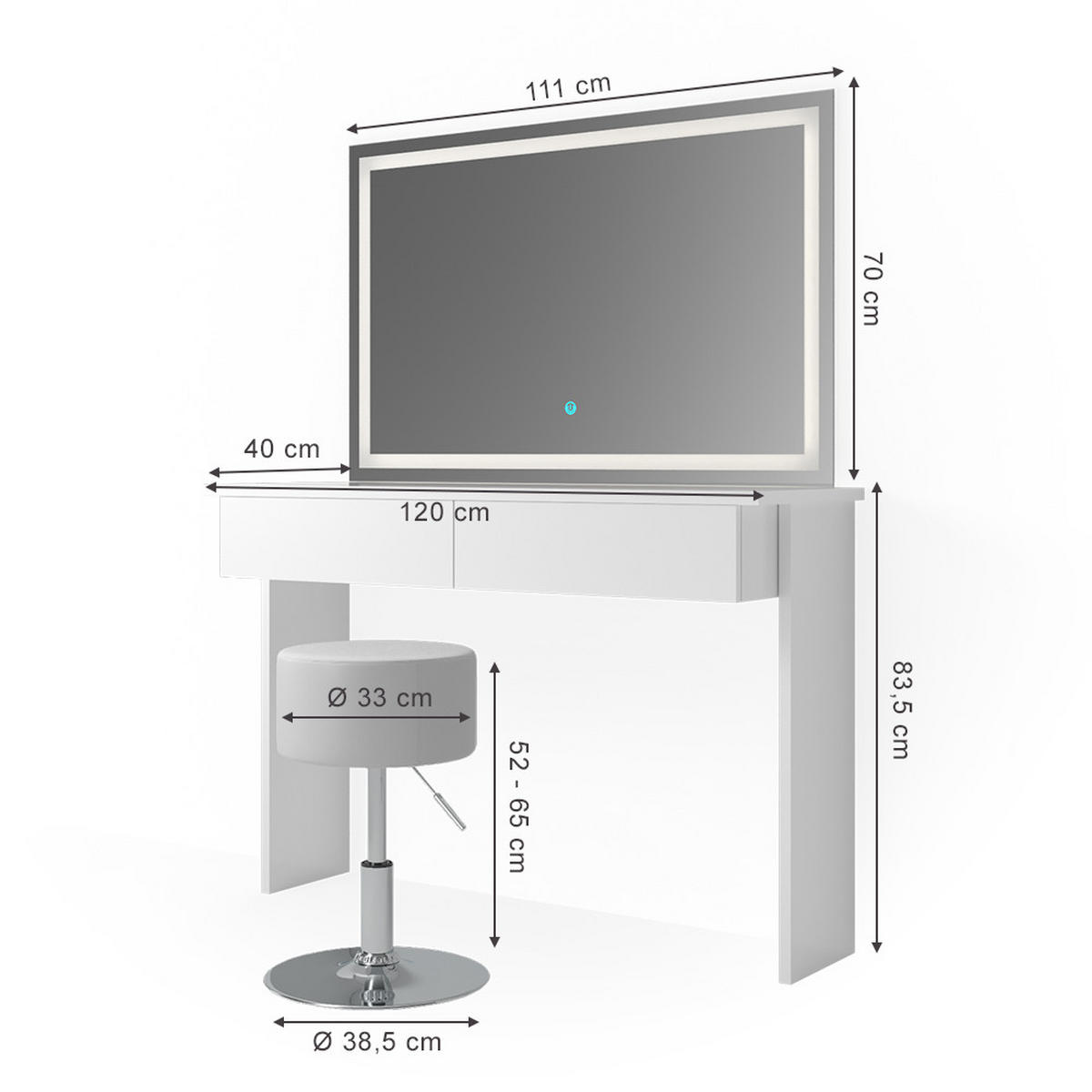 SCHMINKTISCH Azur Weiß 120 cm mit LED-Spiegel und Hocker - Weiß, Holzwerkstoff (120/83/40cm) - Vicco