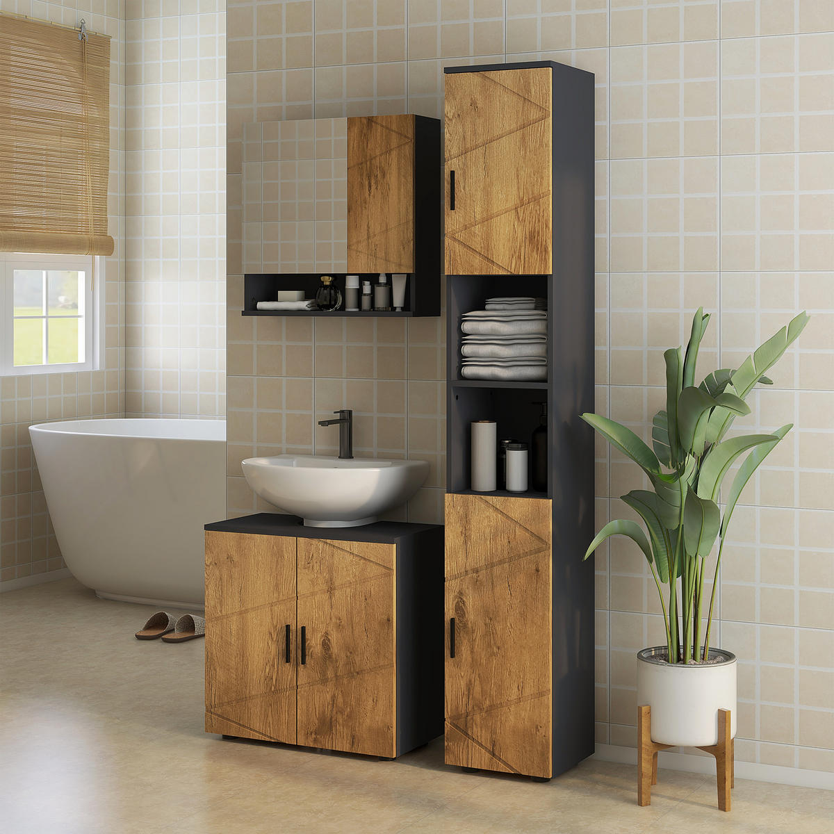 WASCHBECKENUNTERSCHRANK DE-15879 mit 2 Türen Anthrazit/Holz - Eichefarben, Holzwerkstoff (60/60/30cm) - ComfortXL