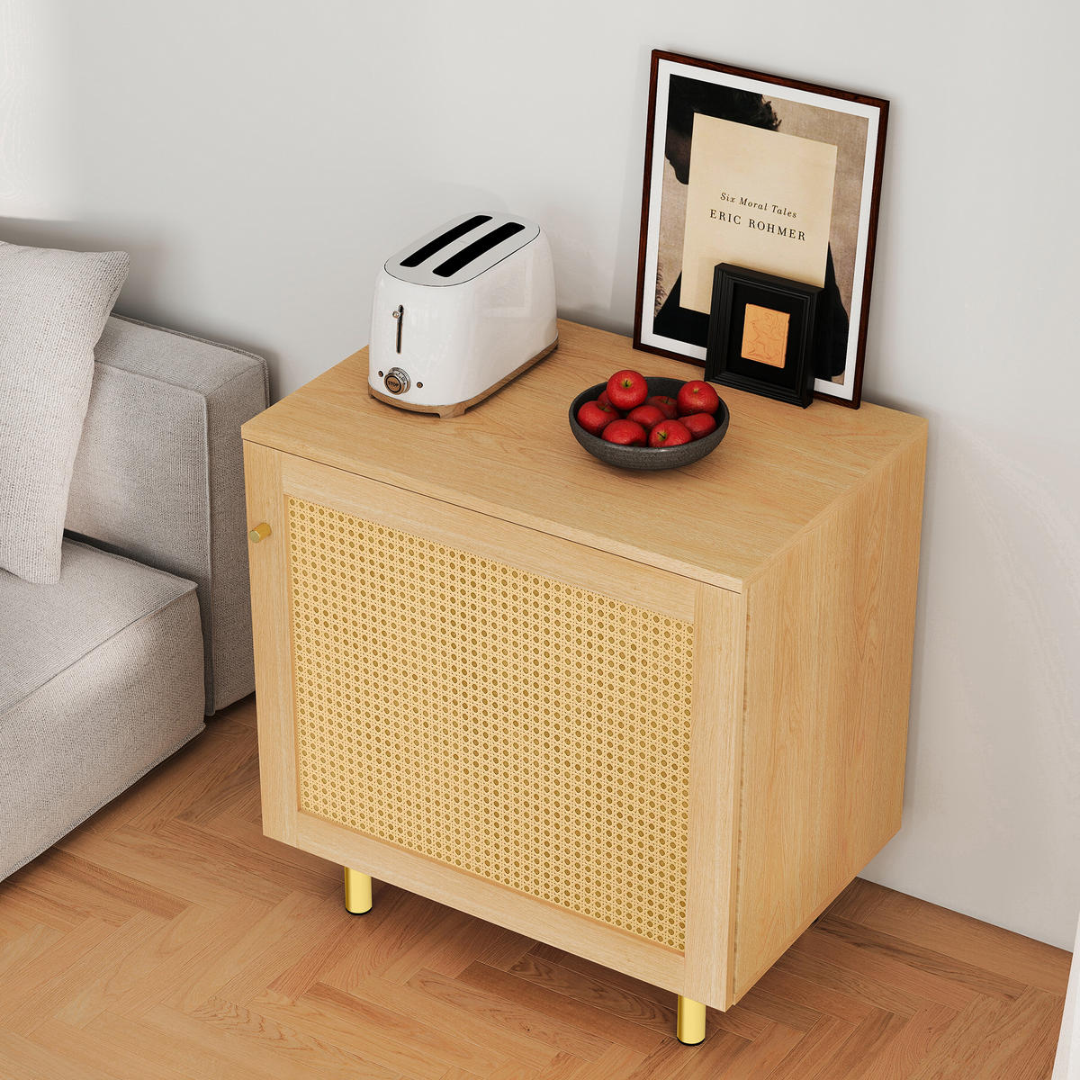 SIDEBOARD aus MDF 40x60x63 cm Natur mit Rattantür, Regalboden und goldfarbenen Metallbeinen - Naturfarben, Holzwerkstoff (60/63/40cm) - Modfu