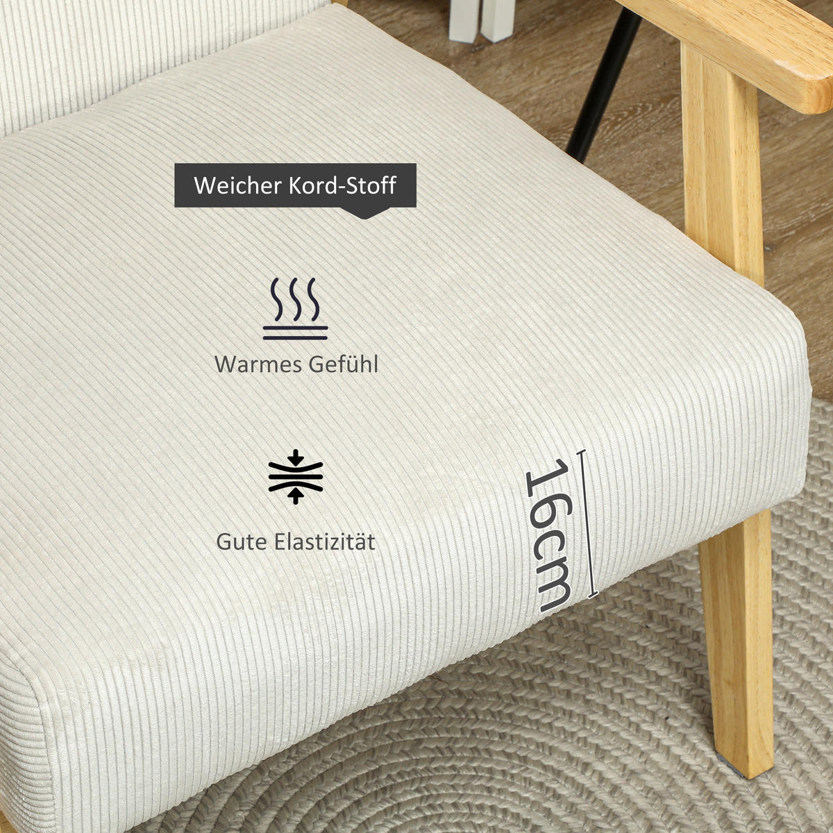SESSEL Loungesessel mit Armlehne, Holzbeine für Wohnzimmer Cremeweiß - Weiß, Kunststoff (67/77/59cm) - HOMCOM