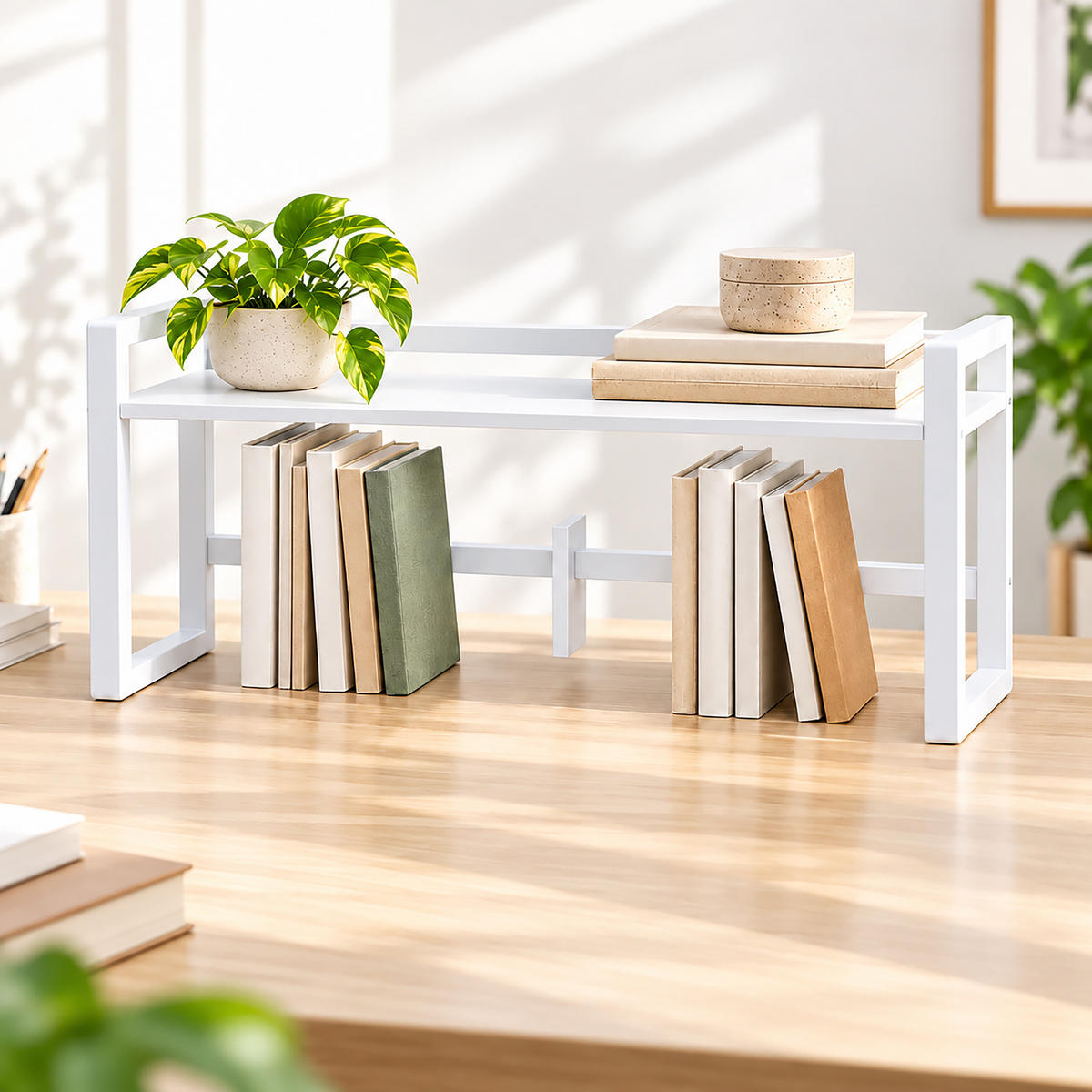 TISCHREGAL Weiß Bambus verstellbare Buchstütze 66 cm - Weiß, Holz/Textil (19.5/66/39cm) - Relaxdays