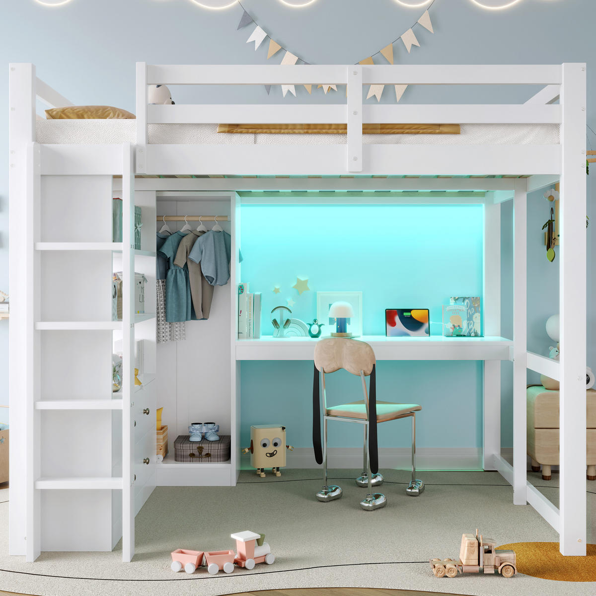 HOCHBETT 140/200 cm in Weiß mit 2 Schubladen, Regal, LED und USB Massivholz & MDF - Weiß, Holz/Holzwerkstoff (140/200cm) - CHICFURN